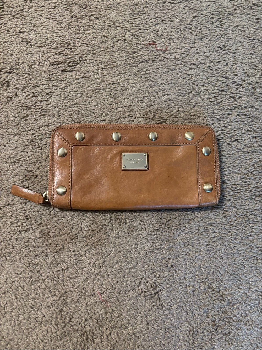 Michael Kors Brown Leather Zip Wallet with Gold Studs